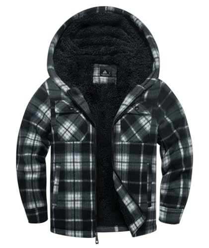 zitysport Hemdjacke Jungen Verdicken Hoodie Karierts Jacke Kinder mit Zipper Warm Flanelljacke Jungen Sweatjacke Outdoor Kapuzenjace Gefütterte Winter Jacken für Junge mit Brusttasche(Weiß S) von zitysport
