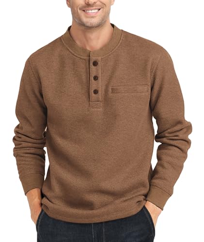 zitysport Henley Shirts Herren Langarm Casual Waffel Henley Hemd Männer Thermal Freizeithemd 3-Knopf Classic Henley T-Shirt Herren mit Brusttasche Langarmshirt Herren Pullover(Braun,L) von zitysport