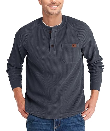zitysport Henley Shirts Herren Langarm Casual Waffel Henley Hemd Männer Thermal Freizeithemd 3-Knopf Classic Henley T-Shirt Herren mit Brusttasche Langarmshirt Herren Pullover(Dunkelgrau,M) von zitysport