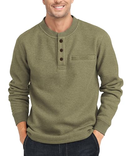 Zitysport Henley Shirt Herren Langarm - Casual Waffel Hemd Männer Thermal Freizeithemd 3-Knopf Classic T-Shirt Mit Brusttasche Langarmshirt Pullover (Grün, L) von zitysport
