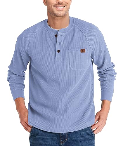 zitysport Henley Shirts Herren Langarm Casual Waffel Henley Hemd Männer Thermal Freizeithemd 3-Knopf Classic Henley T-Shirt Herren mit Brusttasche Langarmshirt Herren Pullover(Hellblau,2XL) von zitysport