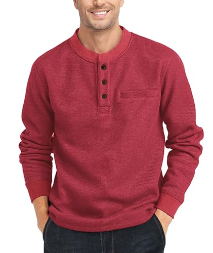 zitysport Henley Shirts Herren Langarm Casual Waffel Henley Hemd Männer Thermal Freizeithemd 3-Knopf Classic Henley T-Shirt Herren mit Brusttasche Langarmshirt Herren Pullover(Rot,2XL) von zitysport