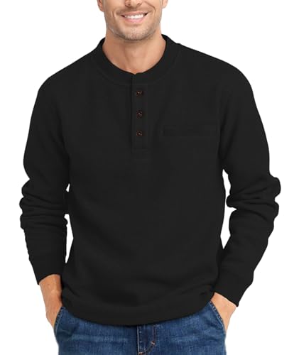 zitysport Henley Shirts Herren Langarm Casual Waffel Henley Hemd Männer Thermal Freizeithemd 3-Knopf Classic Henley T-Shirt Herren mit Brusttasche Langarmshirt Herren Pullover(Schwarz,M) von zitysport