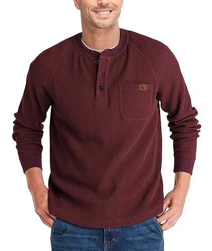 zitysport Henley Shirts Herren Langarm Casual Waffel Henley Hemd Männer Thermal Freizeithemd 3-Knopf Classic Henley T-Shirt Herren mit Brusttasche Langarmshirt Herren Pullover(Weinrot,2XL) von zitysport
