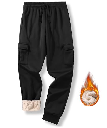 zitysport Thermo Jogginghose Gefüttert Herren Warm Fleecehose Kordelzug Sporthosen Gefüttert Sweatpants mit Taschen Fleece Sweathose Trainingshose für Männer(L-Schwar) von zitysport