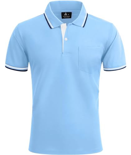 zitysport Herren Polo Shirt Kurzarm Atmungsaktives Golf Polohemd mit Brusttasche Shirt Männer Sommer Casual Sport T-Shirt Basic Slim Fit(Himmelblau-2XL) von zitysport