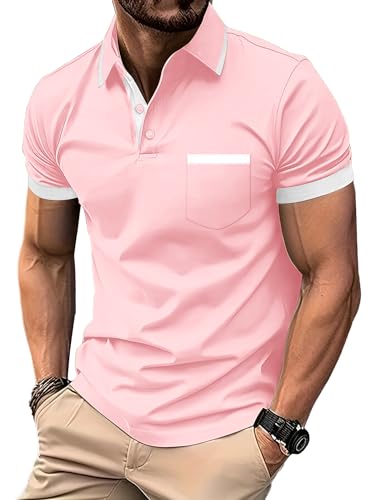 zitysport Herren Poloshirt Kurzarm Atmungsaktives Golf Polo Shirt Männer Business Tshirt Knopfleiste Shirts Casual Basic Polo Hemd mit Tasche Regular Fit(Rosa-2XL) von zitysport