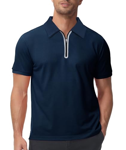 zitysport Polo Shirt Herren Slim Fit Poloshirt Männer Atmungsaktives Golf Lässig Polohemd Outdoor Sport Tshirt Schnelltrocknend mit Reißverschluss Casual Polo Shirts Männer Summer Golf(Marineblau-2XL) von zitysport