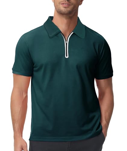 zitysport Polo Shirt Männer Kurzarm Classic mit Zipper Polohemd Schnelltrocknend Tennis T-Shirts Sport Atmungsaktiv Poloshirt mit reißverschluss Freizeit T-Shirt(Dunkelblau Grün-2XL) von zitysport