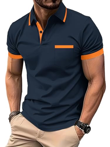 zitysport Polo Shirt Männer Kuzarm Funkshion Golf Tshirt Männer Sport Atmungsaktiv Polohemd Business Tshirt Poloshirt Herren Sommer Schnelltrocknend Regular Fit Shirt(Orange Marineblau-2XL) von zitysport