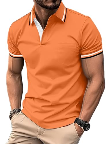 zitysport Poloshirt Herren Kurzarm Shirt Atmungsaktives Golf Polo Shirt Männer Sommer Shirts Sport Basic Slim Fit Tshirt mit Brusttasche Polohemd(Orange-L) von zitysport