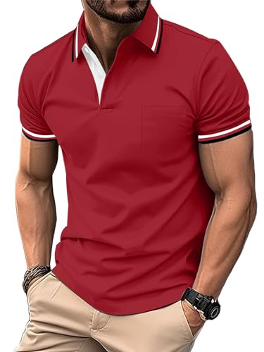 zitysport Poloshirt Herren Kurzarm Shirt Atmungsaktives Golf Polo Shirt Männer Sommer Shirts Sport Basic Slim Fit Tshirt mit Brusttasche Polohemd(rot-L) von zitysport