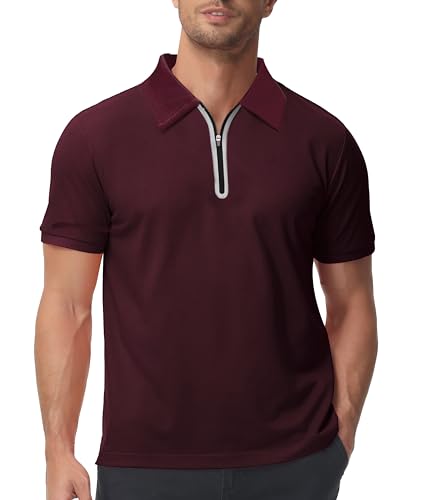 zitysport Poloshirt Herren Kurzarm mit Reißverschluss Regular Fit Polo Hemd Schnelltrocknend T-Shirts Sommer Sport Funktionsshirt Leicht Golf mit Zipper Polo Shirt Männer(Burgunderrot-M) von zitysport