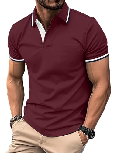 zitysport Poloshirt Herren Kurzarm Shirt Atmungsaktives Golf Polo Shirt Männer Sommer Shirts Sport Basic Slim Fit Tshirt mit Brusttasche Polohemd(Weinrot-L) von zitysport