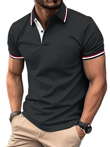 zitysport Poloshirt Herren Kuzarm mit Brusttasche Polohemd Atmungsaktiv Schnelltrocknend Sport Poloshirt Männer Slim Fit Tshirt Funshions Shirt Herren(Dunkelgrau-2XL) von zitysport