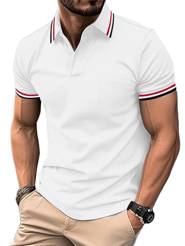 zitysport Poloshirt Männer Kuzarm Tennis Polohemd Funktion Atmungsaktiv Tshirt mit Brusttasche Outdoor Polo Shirt Herren Regular Fit Golf Shirt Sport(Weiß-XL) von zitysport