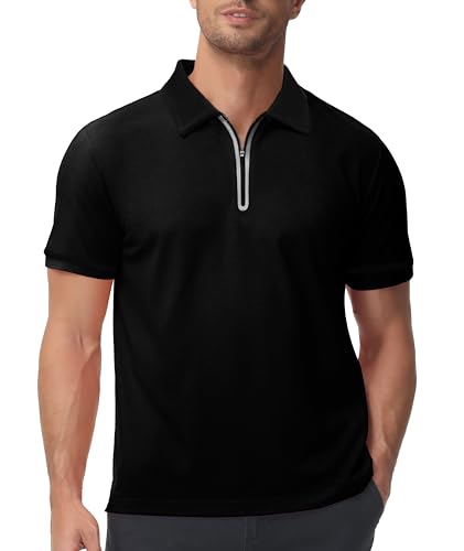 zitysport Poloshirt mit Zipper Basic Polo Hemd Schnelltrocknend Golf T-Shirts Sport Atmungsaktiv Outdoor mit Reißverschluss Shirt Männer Tennis Casual Poloshirt(Schwarz-2XL) von zitysport