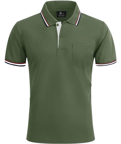 zitysport Poloshirts Herren Kuzarm Sport Polohmed Shirt Atmungsaktiv Funktionsshirt mit Tasche Tshirt Sommer Outdoor Golf Polo Männer Regular Fit(Militärgrün-3XL) von zitysport