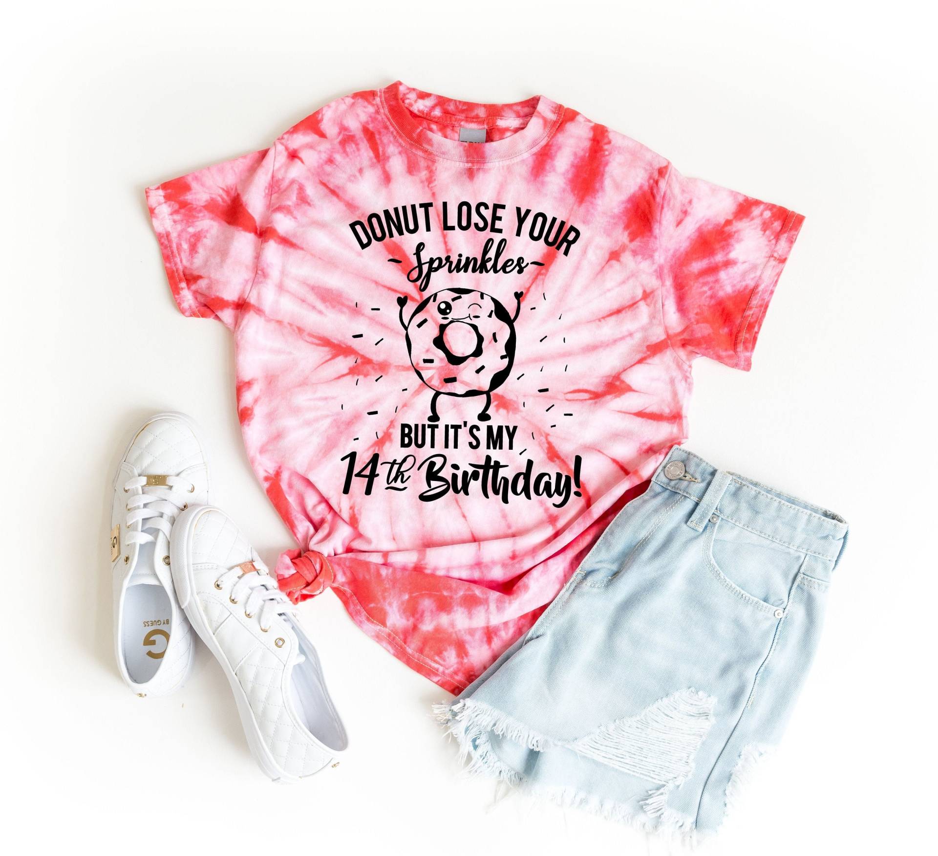 14.geburtstag Shirt - Vierzehnter Geburtstag Tie Dye T-Shirt Tshirt Für 14 Jährige Mädchen Oder Jungen Lustiges Donut Outfit Regenbogen Pink & Grün von zjthreads