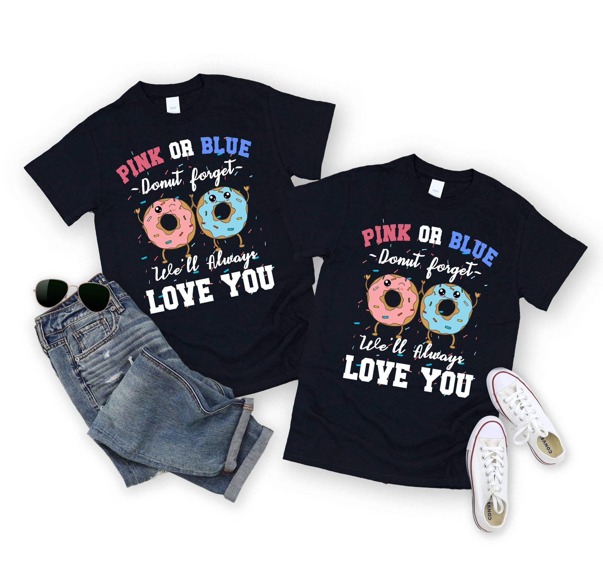 Pink Oder Blau Wir Lieben Dich Immer Shirt - Gender Reveal Party Baby Ankündigung T-Shirt Lustige Donut Passende Familie Shirts von zjthreads