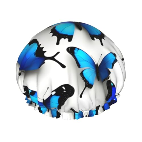 Blaue Schmetterlings-Duschhaube für Damen, wiederverwendbar, wasserdicht, doppellagig, bequem von zkyfll