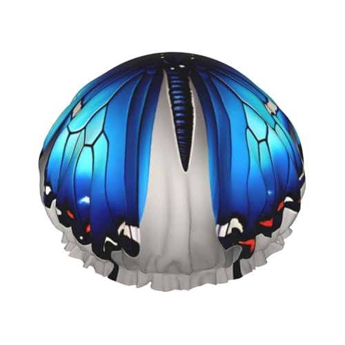 Blaue Schmetterlings-Duschhaube für Damen, wiederverwendbar, wasserdicht, doppellagig, bequem von zkyfll