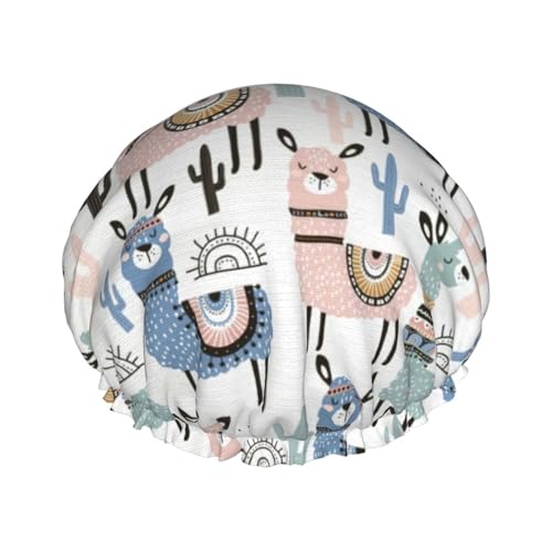 Duschhaube, tropischer Kaktus, Tier, Lama, Druck, für Damen, wiederverwendbar, wasserdicht, doppellagig, Haarkappe, Komfort von zkyfll