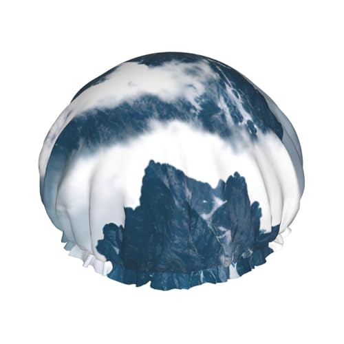 Duschhaube mit Berg- und Wolkenlandschaftsdruck, für Damen, wiederverwendbar, wasserdicht, doppellagig, bequem von zkyfll