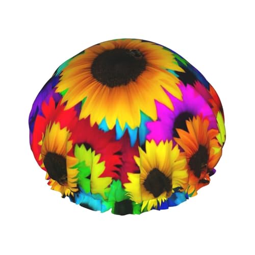 Regenbogen-Sonnenblumen-Duschhaube für Damen, wiederverwendbar, wasserdicht, doppellagig, bequem von zkyfll
