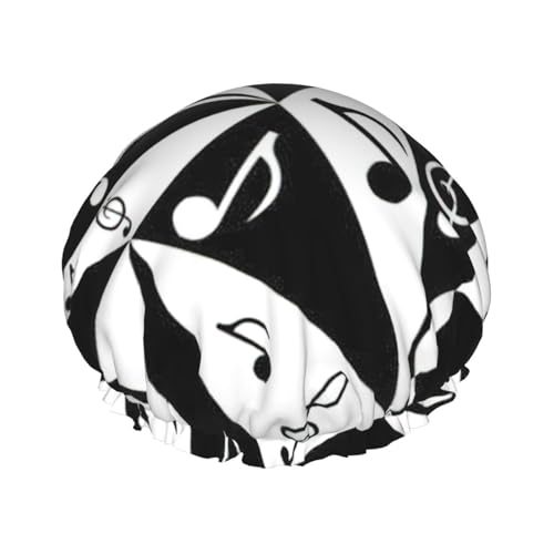 Stilvolle Duschhaube mit Musiknoten-Druck, für Damen, wiederverwendbar, wasserdicht, doppellagig, bequem von zkyfll
