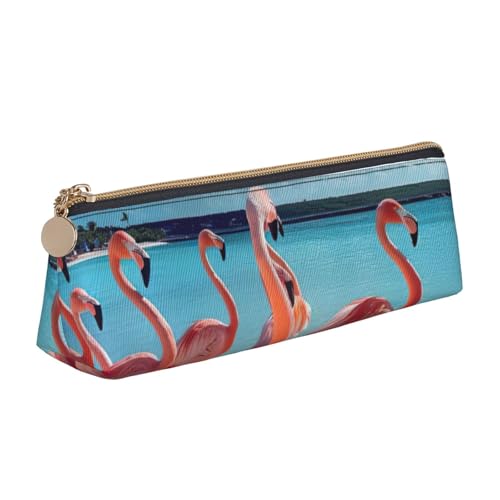 zkyfll Federmäppchen, Motiv: rosa Flamingos am Strand, personalisierbar, Leder, Federmäppchen, Schreibwaren, Organizer, Make-up-Tasche von zkyfll