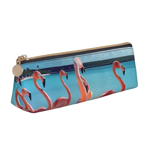 zkyfll Federmäppchen, Motiv: rosa Flamingos am Strand, personalisierbar, Leder, Federmäppchen, Schreibwaren, Organizer, Make-up-Tasche von zkyfll