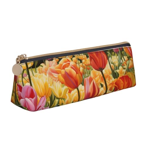 zkyfll Federmäppchen mit Tulpengarten-Druck, personalisierbar, Leder-Federmäppchen, Schreibwaren-Organizer, Make-up-Tasche von zkyfll