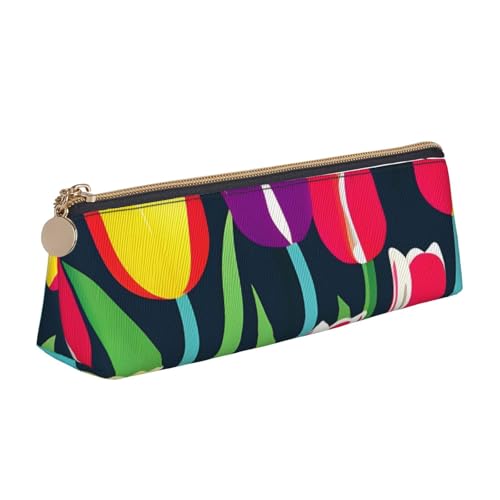 zkyfll Federmäppchen mit buntem Tulpenaufdruck, Leder, Federmäppchen, Schreibwaren, Organizer, Make-up-Tasche von zkyfll
