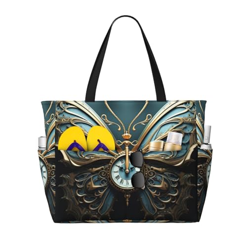 zkyfll Große wasserdichte Strandtasche für Damen, Motiv: Uhr, Schmetterlings-Aufdruck, Tragetasche für Reisen, Urlaub, lustige Reisetasche zkyfll Große wasserdichte Strandtasche für Damen, Motiv: Uhr, Schmetterlings-Aufdruck, Tragetasche für Reisen, Urlaub, lustige Reisetasche von zkyfll