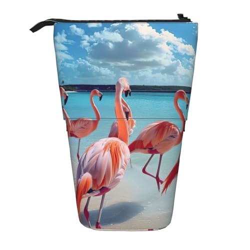 zkyfll Vertikales Mäppchen mit pinkem Flamingo-Muster am Strand, Teleskop-Stifthalter, niedliches Federmäppchen, Bleistift-Organizer von zkyfll