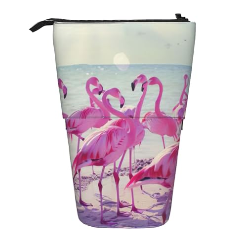 zkyfll Vertikales Mäppchen mit pinkem Flamingo-Muster am Strand, Teleskop-Stifthalter, niedliches Federmäppchen, Bleistift-Organizer von zkyfll