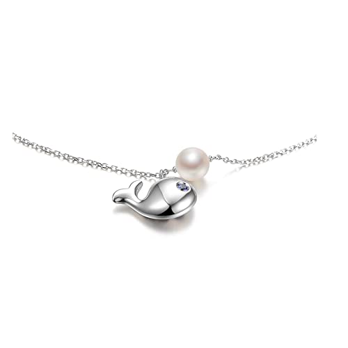 zlw-shop Damen Halsketten Perlenkette Großer Fisch 7-8mm Rund 925 Silber Silber Perle Perlenkette Marke Schmuck für Schmuck Mode Freundin Halskette mit Anhänger von zlw-shop