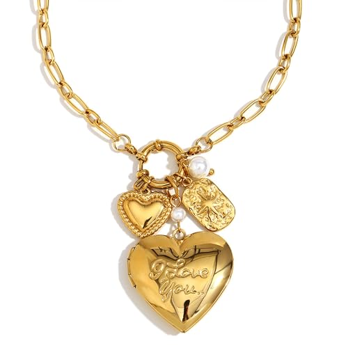 Goldene Herz-Halsketten für Damen, mehrheitliche Charm-Halskette für Frauen, "I love You", Herz-Choker-Halskette, Medaillon, Halskette, Edelstahl, wasserdichter Schmuck für Weihnachten, Valentinstag Goldene Herz-Halsketten für Damen, mehrheitliche Charm-Halskette für Frauen, "I love You", Herz-Choker-Halskette, Medaillon, Halskette, Edelstahl, wasserdichter Schmuck für Weihnachten, Valentinstag von zocare