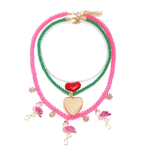 zocare Rosa mehrlagiges Halsketten-Set mit rosa Flamingo-Charms, Herz-Anhänger, grün-weiße Kordel, Kristall-Akzente zocare Rosa mehrlagiges Halsketten-Set mit rosa Flamingo-Charms, Herz-Anhänger, grün-weiße Kordel, Kristall-Akzente von zocare