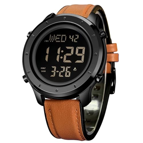 ZOLOHONI Herren-Leder-Armbanduhr, digitale Armbanduhr für Herren, 12-24-Stunden-LED-Alarm, Countdown-Armbanduhr für Herren, braun von zolohoni