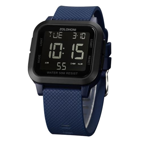 zolohoni Quadratische Herren-Digitaluhr, großes Zifferblatt, großes Zifferblatt, wasserdicht, LED-Uhren, schwarz/blau, Digital von zolohoni
