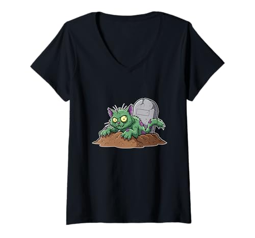 Damen Zombie-Katze steigt aus dem Grab T-Shirt mit V-Ausschnitt Damen Zombie-Katze steigt aus dem Grab T-Shirt mit V-Ausschnitt von zombie cat grave undead halloween creepy haunted