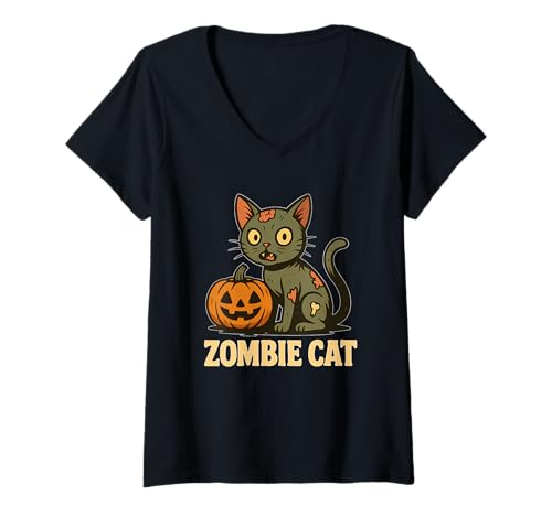 Damen Zombie-Katze mit Kürbis Cartoon T-Shirt mit V-Ausschnitt Damen Zombie-Katze mit Kürbis Cartoon T-Shirt mit V-Ausschnitt von zombie cat pumpkin undead kitty spooky halloween