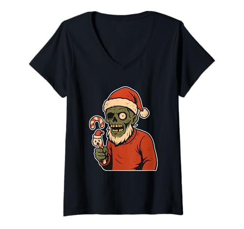 Damen Zombie-Weihnachtsmann mit Zuckerstange T-Shirt mit V-Ausschnitt von zombie santa candy cane horror holiday halloween
