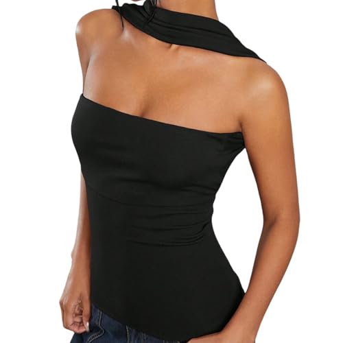 Damen trägerloses Gerafftes Halter-Röhren Rücken und schmaler Passform - Bandeau-Shirt mit Schal-Detail, verführerisches Damenoberteil (Schwarz,M) von zoocco
