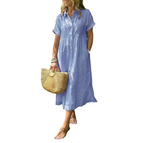 zoocco Striped Dress for Women Button Up High Waistline Mid Long Dress with Pockets for Early Fall Stroll (Blue,M) von zoocco
