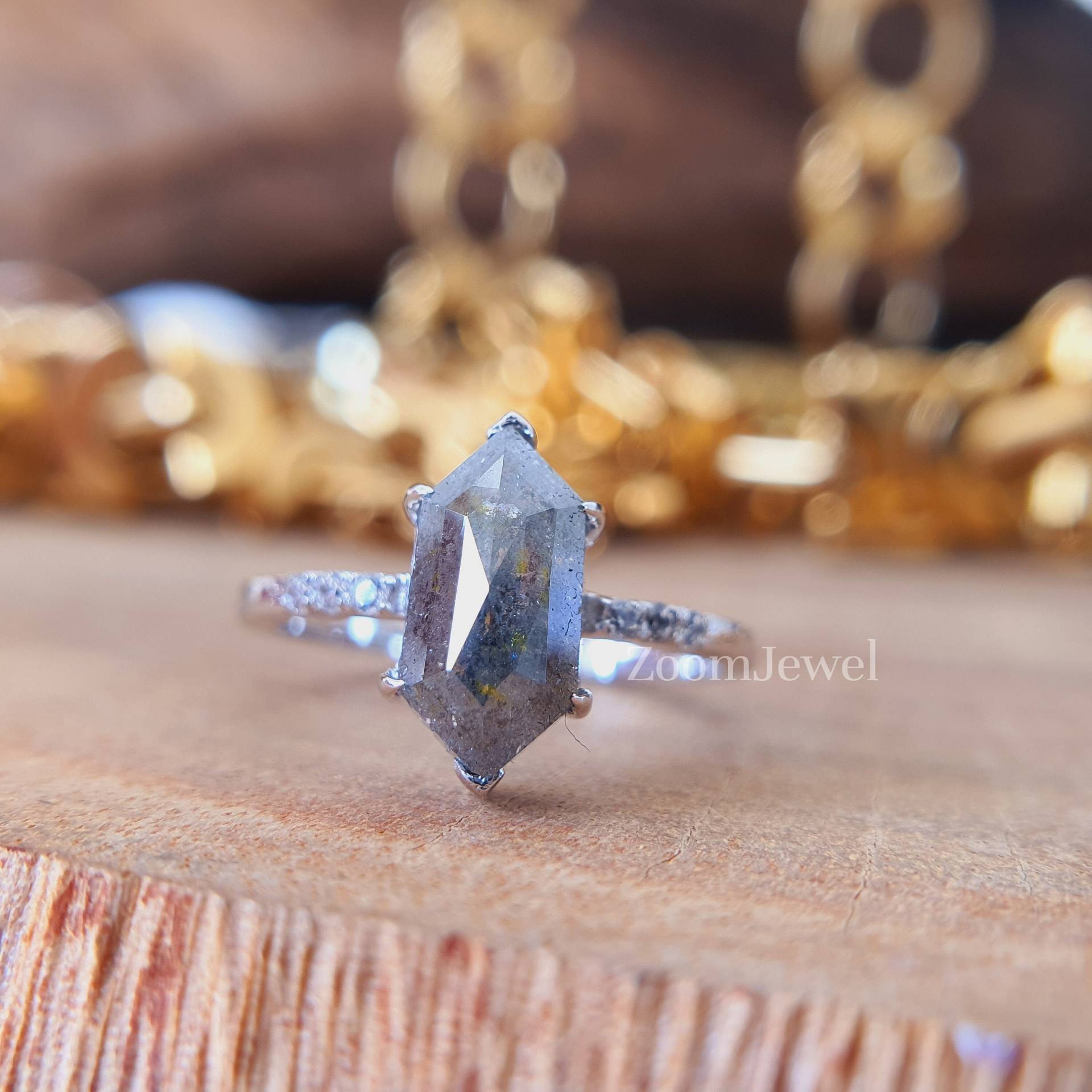14K Salz Und Pfeffer Diamant Ring| Verlobungsring| Hexagon Gold Art Deco Einzigartiger Versprechensring von zoomjewel