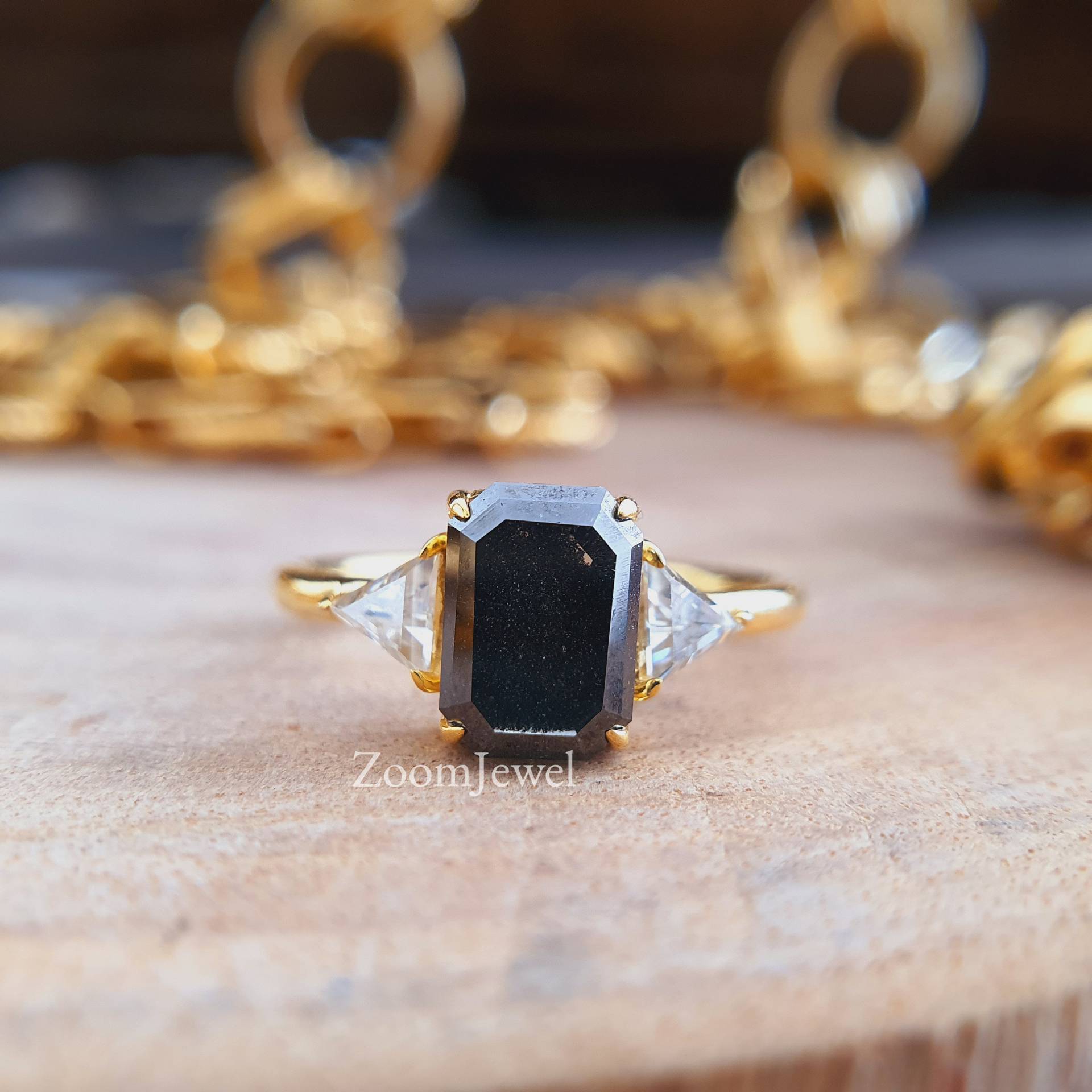 2.10Ctw Salz Und Pfeffer Smaragd Schnitt Moissanite Verlobungsring Vintage Ring, Drei Stein Einzigartiger Schwarzer Diamant Ring Art Deco von zoomjewel