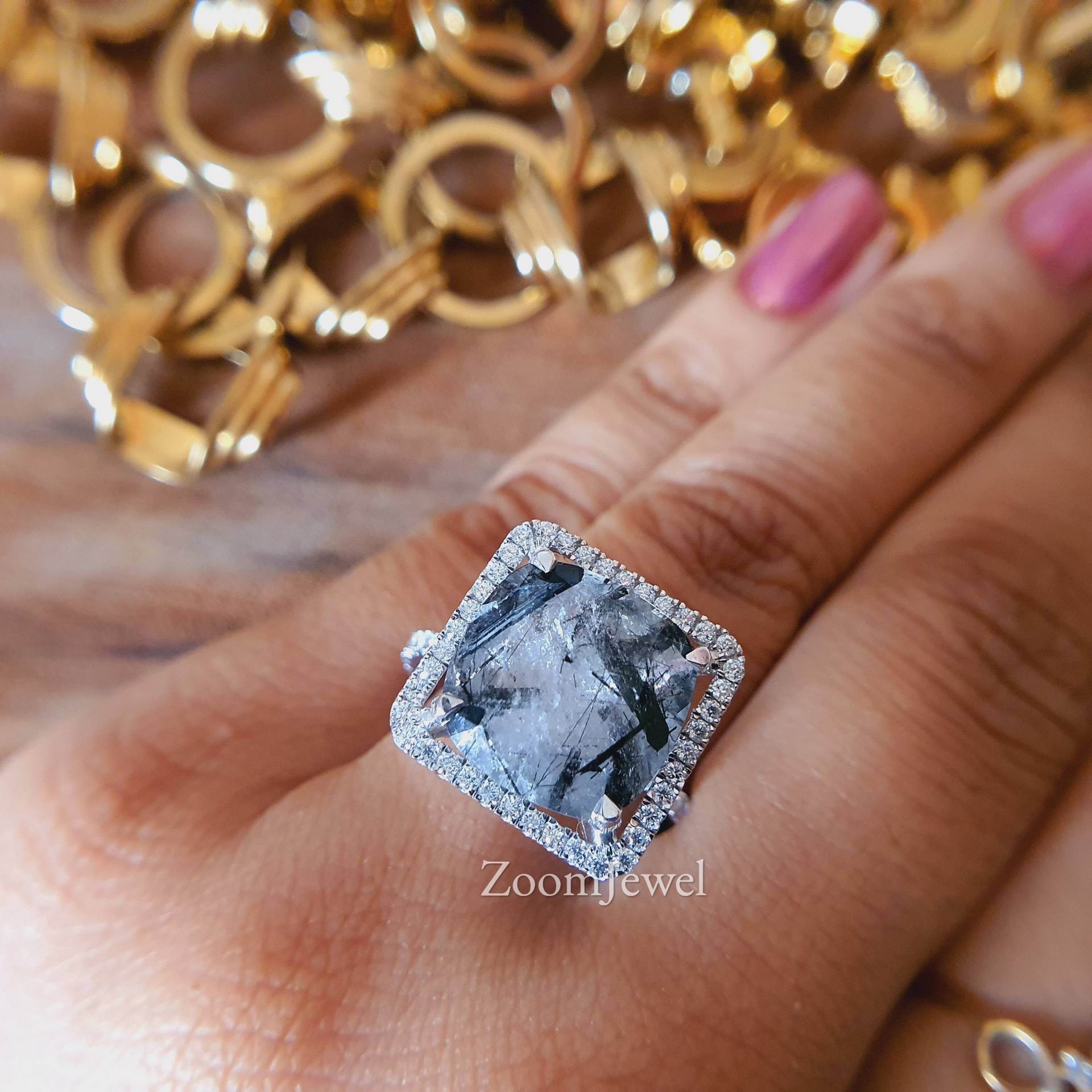 6, 35Ct Kissen Schwarz Rutil Quarz Solitär Ring Edwardian Verlobungsring Platin Diamant Vintage Halo Ehering Für Frau von zoomjewel